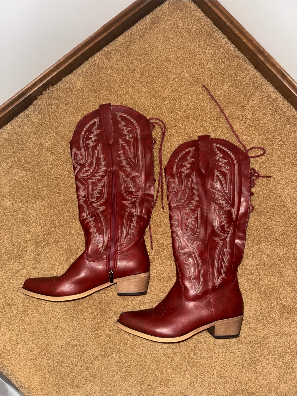 Women’s wide calf Red Western Leather Boots - Classic Embroidered Style